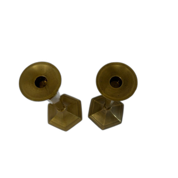 Vintage Brass Candlesticks Holder Featuring Six Sided Hexagonal Base Design - Picture 3 of 12